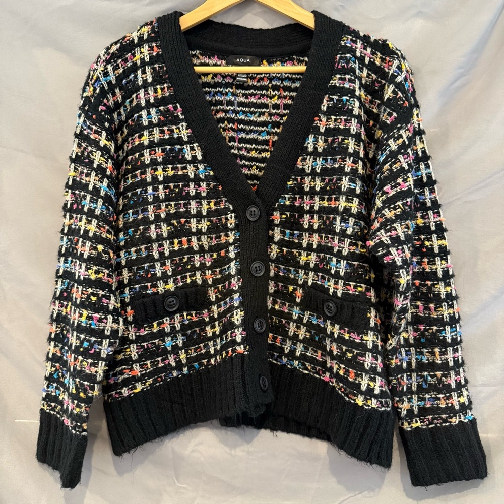 AQUA Tweed Knit Cardigan Black Multi-Color Accents Grandmacore Classic Layering - Picture 3 of 14